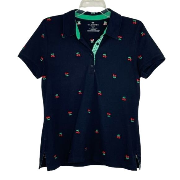 Talbots navy polo blouse with embroidered red cherries size MP - Picture 1 of 15